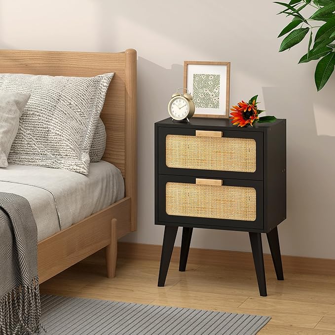 Rattan Nightstand Set of 2, Mid Century Modern Bedside Table - Image 6
