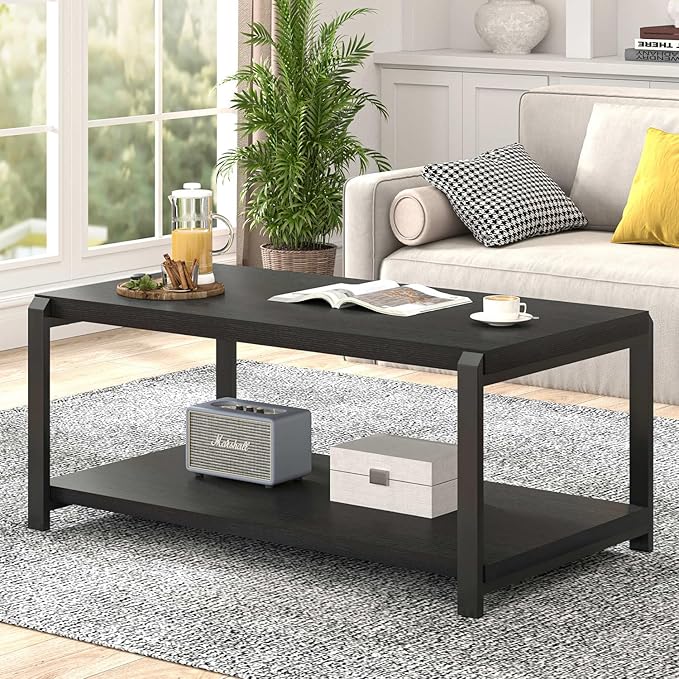 EXCEFUR Black Coffee Table, Modern Rustic Wood Center Table - Image 3
