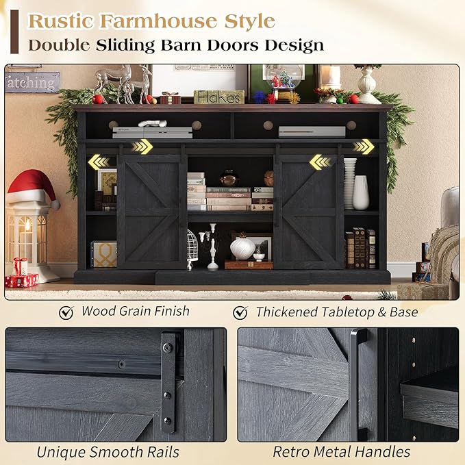 66" Farmhouse TV Stand with Sliding Barn Doors, Rustic Media Console Table - Image 5