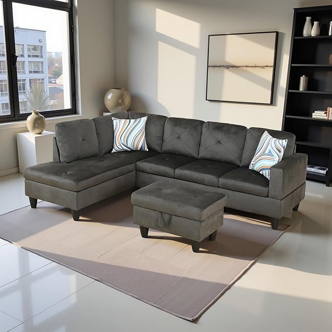 L Shaped Couch Modern Sectional Couch Upholstered Flannel Fabric 3 Pieces Sofas - Image 4