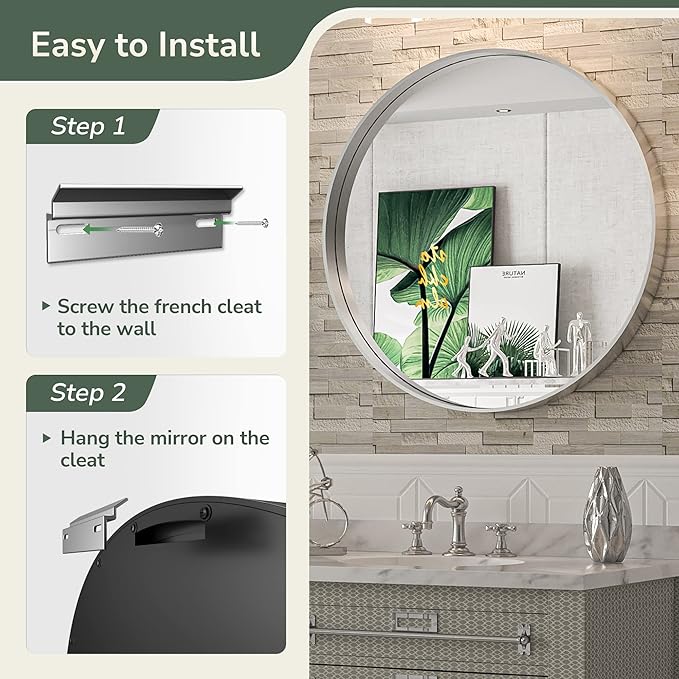 TokeShimi Round Mirror 24 Inch Brushed Silver Round Bathroom Mirror - Image 6