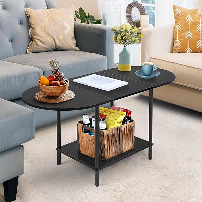 ETELI Black Coffee Tables for Living Room 2-Tier Small Oval Coffee Table Wood - Image 4