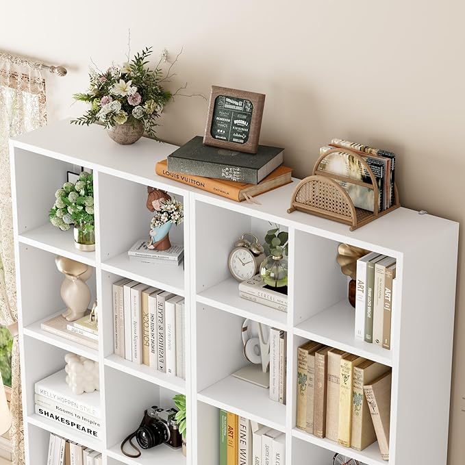 FOTOSOK 71'' White Bookshelf, Double Wide Media Tower Rack CD DVD Rack Display - Image 8