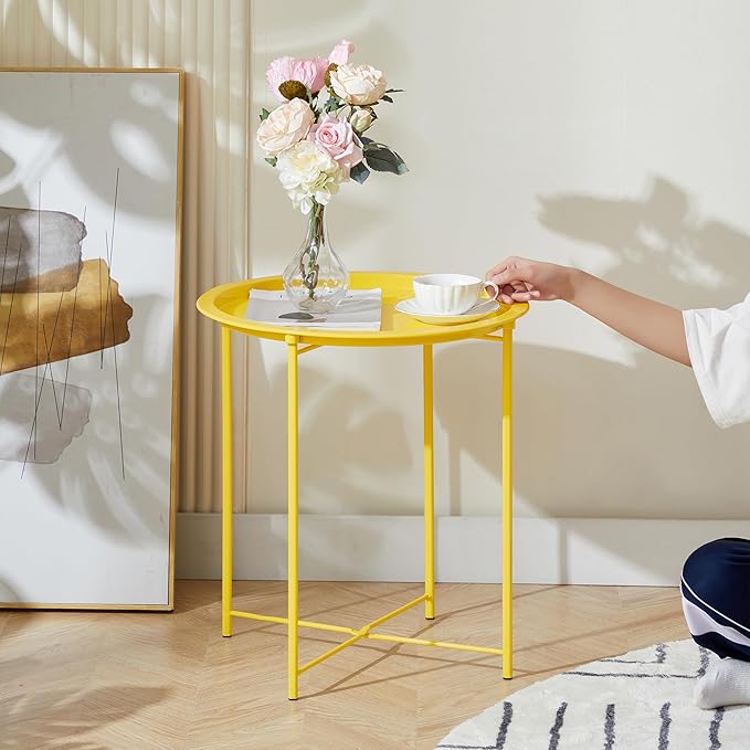 VECELO Side/End Table, Folding Round Metal Anti-Rust and Waterproof Outdoor or - Image 4