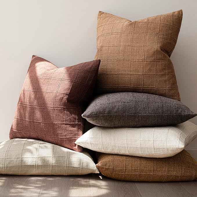 Foindtower Set of 2 Decorative Linen Check Throw Pillow Covers Neutral - Image 7