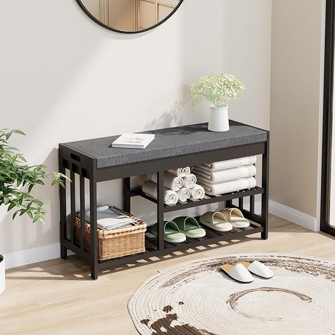 Shoe Rack Bench with Cushion, 2 Tiers Shoe Bench with Flip-Top Storage by Bambooflow