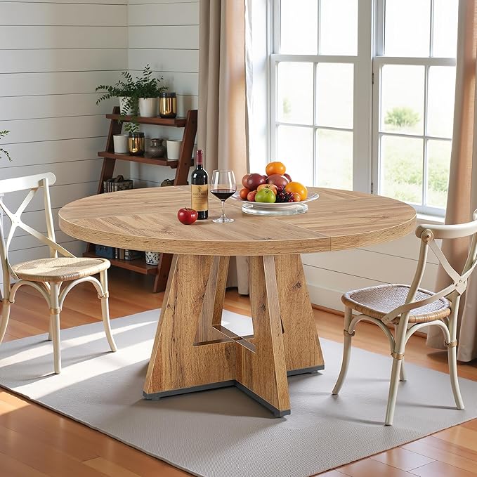 Round Dining Table for 4, 47 Inch Dinner Table Farmhouse Wooden Circle Kitchen by Unknown