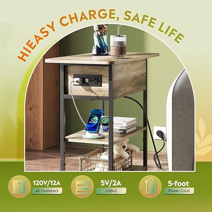 WLIVE End Table with Charging Station, Flip Top Side Table with Storage Shelf - Image 4