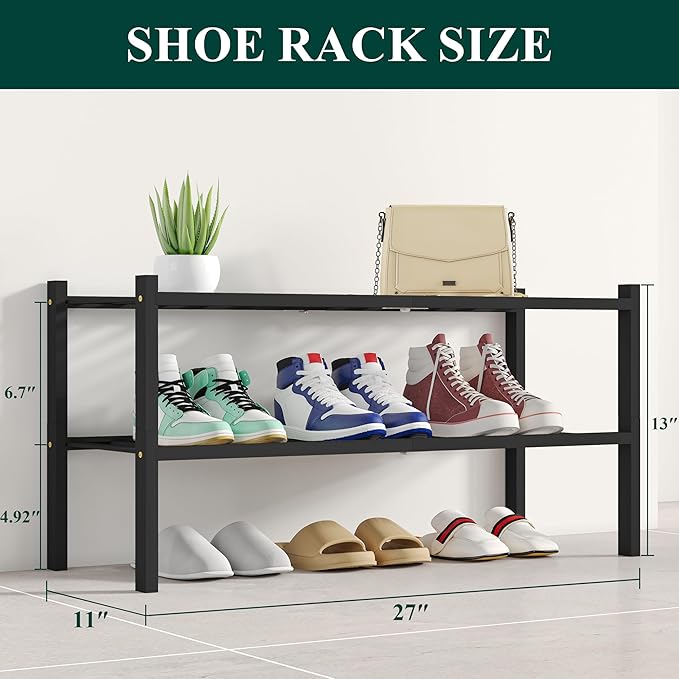 Smiry Shoe Rack, 2 Tier Bamboo Shoe Organizer, Stackable Free Standing Wooden - Image 2