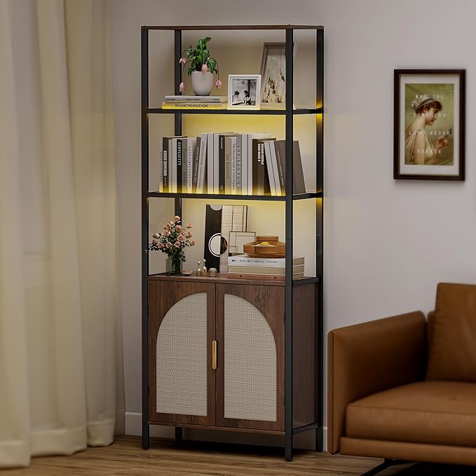 Bookshelf with Rattan Doors, 5 Tier Book Shelf Storage Organizer - Image 8