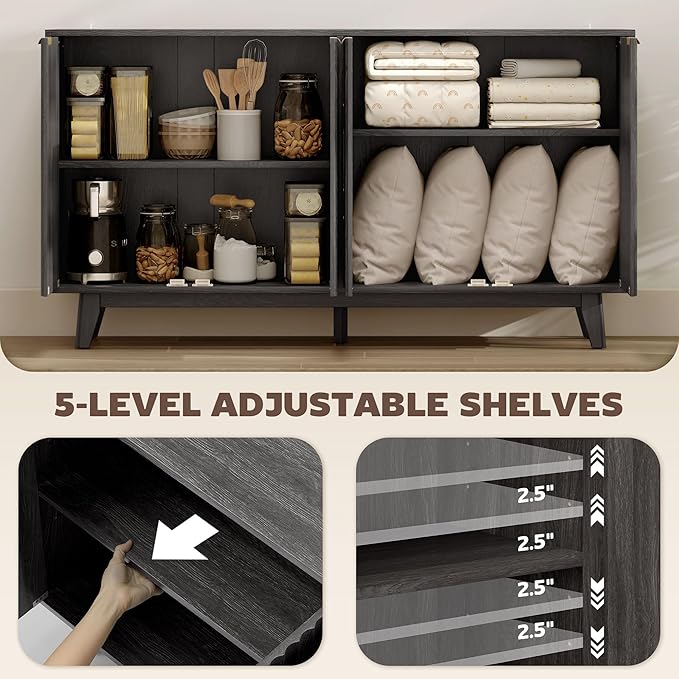 HOMCOM Fluted Sideboard Buffet Cabinet, 2 Adjustable Shelves and 5 Wood Legs - Image 5