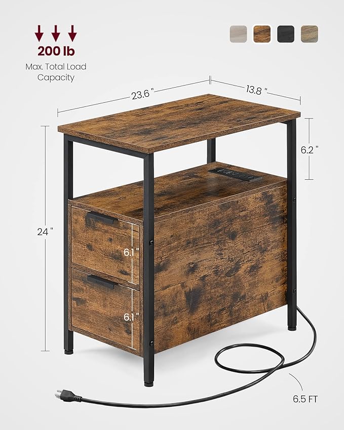 VASAGLE Side Table with Charging Station, Narrow End Table with 2 Drawers - Image 3