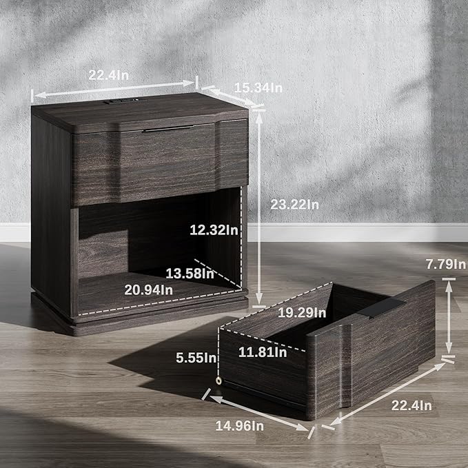 Nightstand with Charging Station, Wooden Curved Night Stand Bedside Table with - Image 2
