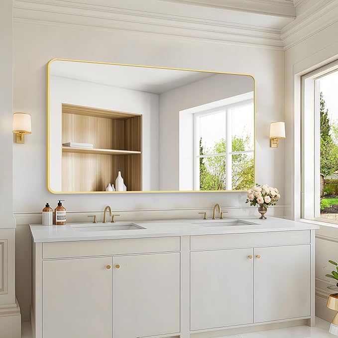 55x36 Inch Gold Bathroom Mirror, Metal Framed Large Rectangle Mirror, Rounded - Image 6