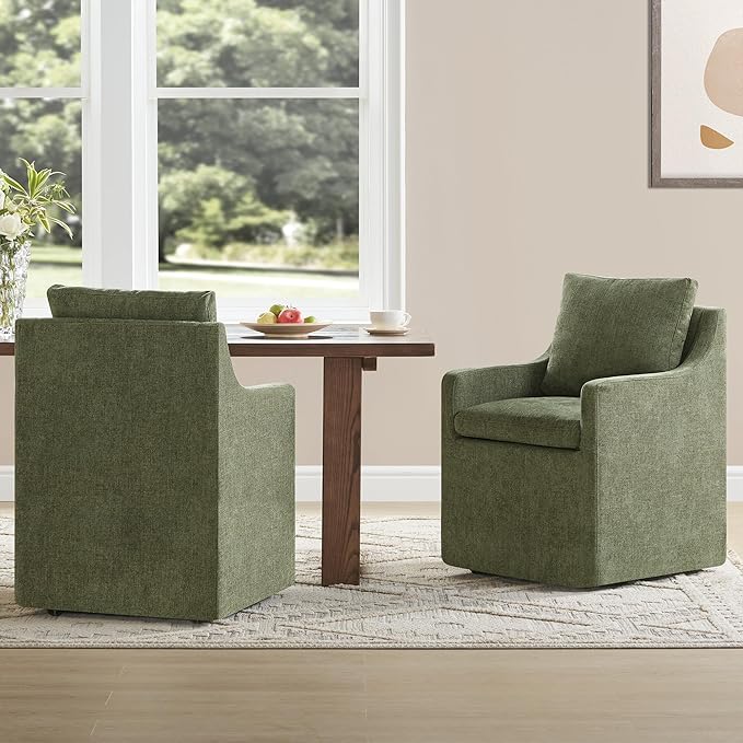 Upholstered Dining Chairs with Casters No Assembly Modern Accent Armchair with - Image 2