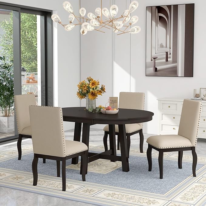 5 Pieces Dining Table Set with 43" Round Extendable Desk, Living Room Furniture - Image 4