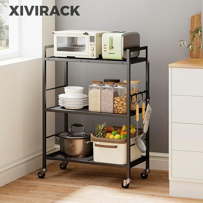 3-Tier Metal Storage Rack with Industrial Wheels, Mesh Shelving Unit with - Image 2