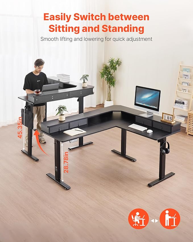 VEVOR 63'' Electric L Shaped Standing Desk, 3 Memory Height, 2-Tier Corner Table - Image 4