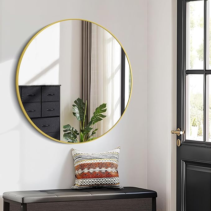 Gold Round Mirror, 39 Inch Wall Mounted Aluminum Alloy Metal Frame Mirror - Image 6