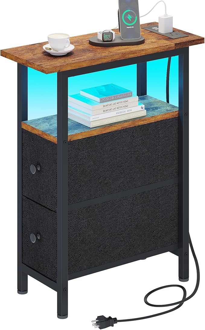End Table with Charging Station, Narrow Side Table with 2 Fabric Drawers by TRIFEBLE