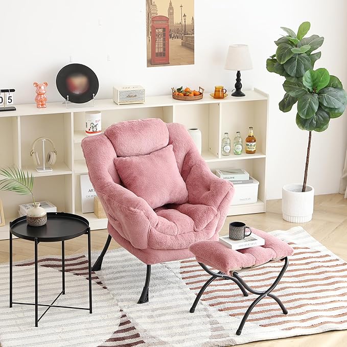 Lazy Chair with Ottoman, Comfy Reading Lounge Chair with Footstool & Throw - Image 2