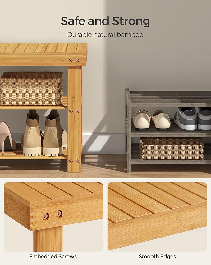 SONGMICS Shoe Rack Bench, 3-Tier Bamboo Shoe Storage Organizer, Entryway Bench - Image 5