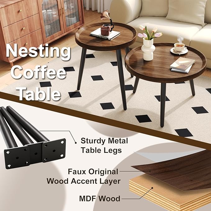 Small Round Coffee Table Set of 2, Walnut Coffee Tables - Image 5
