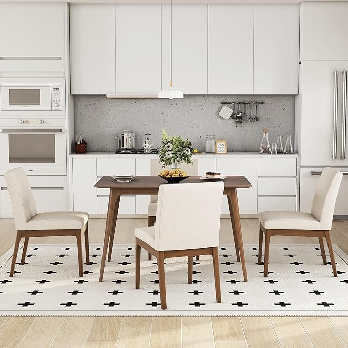 Dining Table Set for 4, Solid Rubberwood Upholstered Chairs, Mid-Century Modern - Image 3