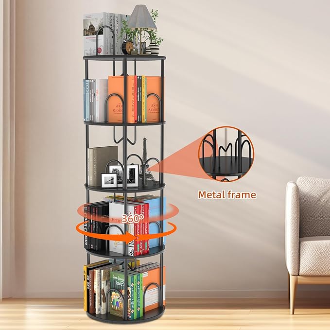 4 Tier Rotating Bookshelf, 360° Spinning Bookshelf Tower, Round Narrow Space - Image 5