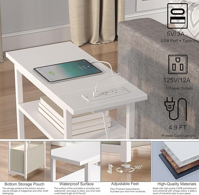 Narrow Side Table with Charging Station, LED End Table - Image 4