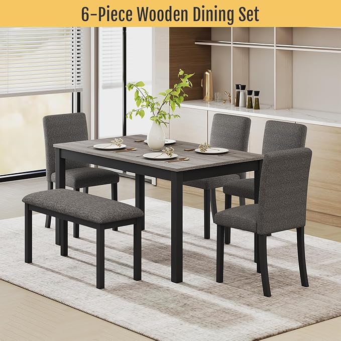 6-Piece Solid Wood Dining Table Set, Including 1 Dining Table, 4 Upholstered - Image 7