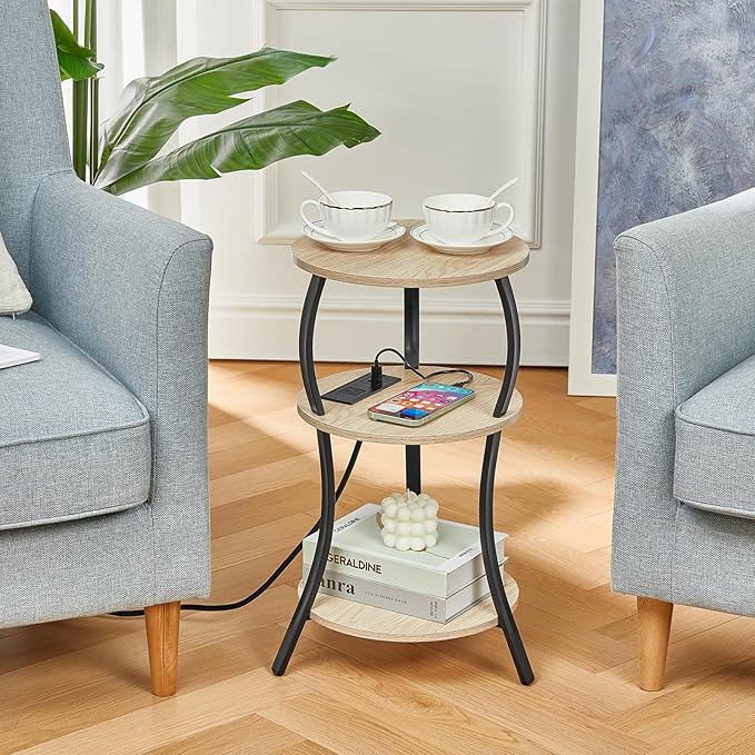 Small Round Side Table with Charging Station, 3-Tier Waist Circular End Table - Image 5