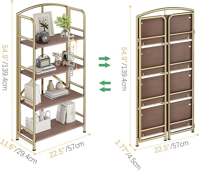 No-Assembly Folding Gold Bookshelf Storage Shelves 4 Tiers Vintage - Image 3