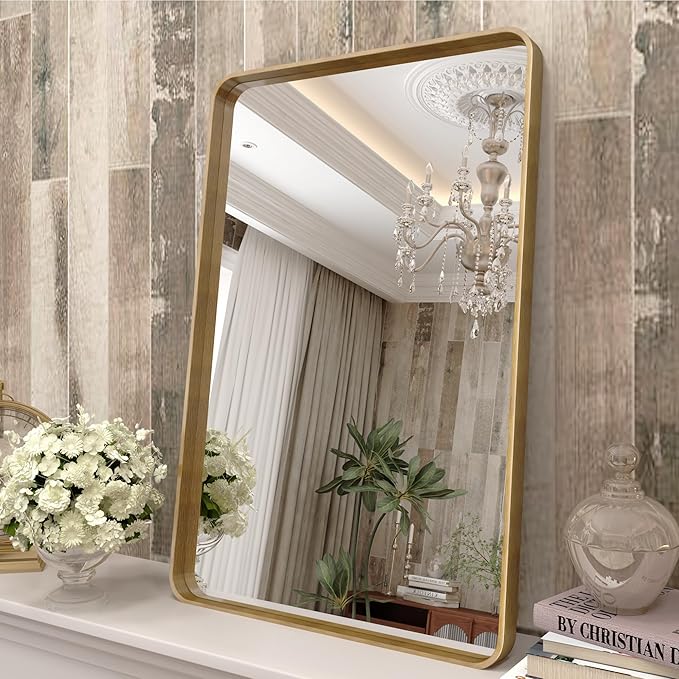 16x24 Gold Bathroom Mirror, Rounded Rectangle Gold Framed Mirror, Brushed Gold by CHARMOR