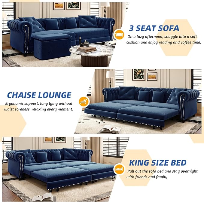 KEIKI King Size Convertible Chesterfield Sofa Bed, Tufted Design, 3-in-1 - Image 3