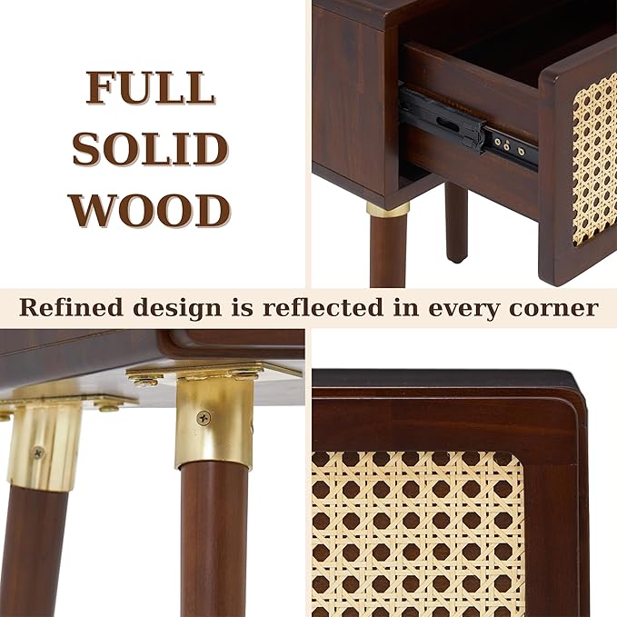 Bme Nipe Solid Wood and Rattan Nightstand, Fully Assembled, Woven Cane End Table - Image 5