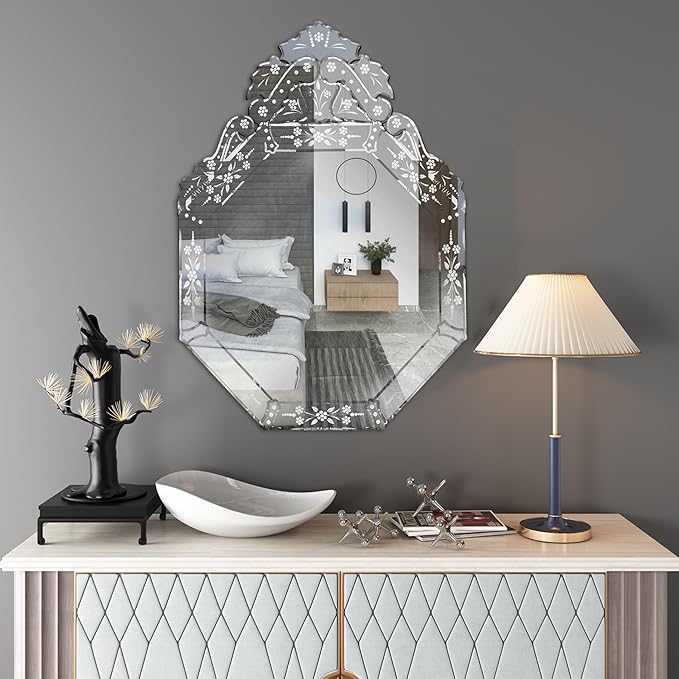 KOHROS Venetian Mirror with Top Crown Arch Floral Etched 32 x 24 Inch Octagonal - Image 4