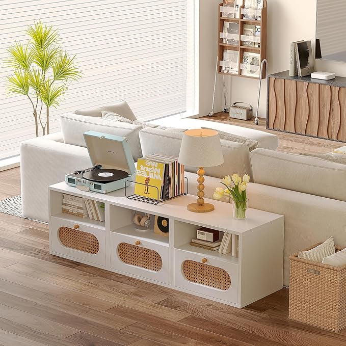 3-in-1 Modular TV Stand with Rattan Doors, DIY Media Console Boho Entertainment - Image 4