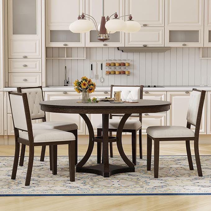 Merax 5-Piece Extendable Round Dining Table Set 42"-58" Retro Functional Table by Merax