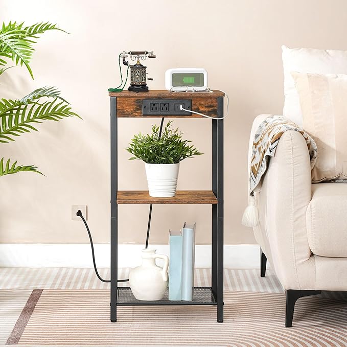 HOOBRO Tall End Table with Charging Station, 30 Inch Tall Nightstand, 3-Tier - Image 2