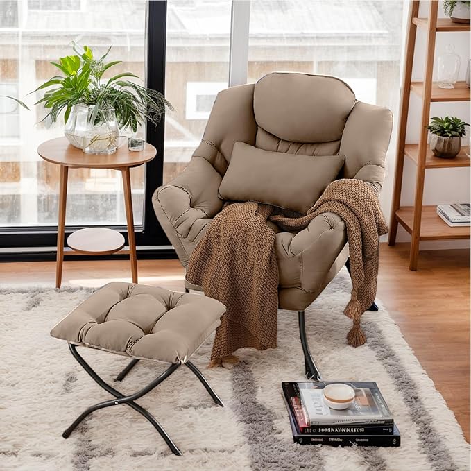 Lazy Chair with Ottoman, Modern Lounge Armchair with Lumbar Pillow, Accent Cozy by Furlide