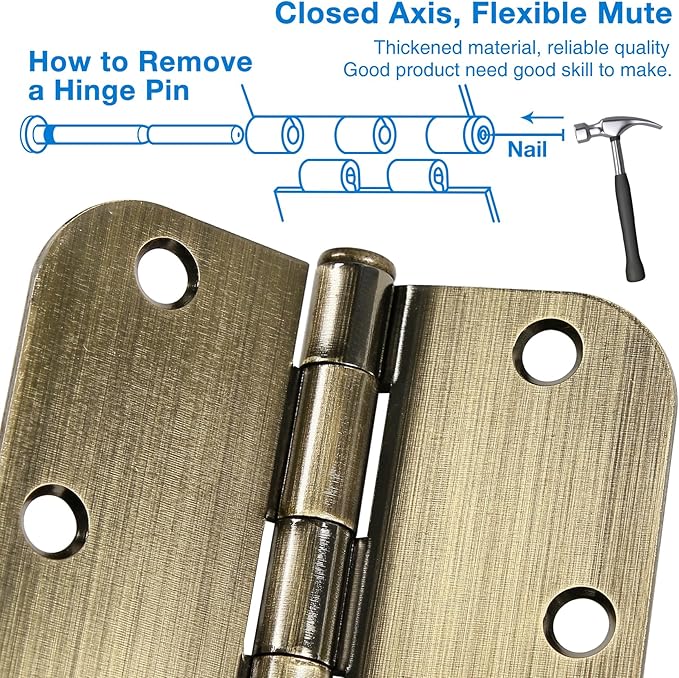 6 Pack Antique Brass Door Hinges 3.5 Inch Black Interior 3 1/2" Rounded 5/8" - Image 4