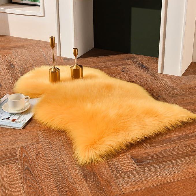 duduta Yellow Faux Sheepskin Throw Rug 2x3 ft, Fluffy Shag Fur Chair Cover by Duduta