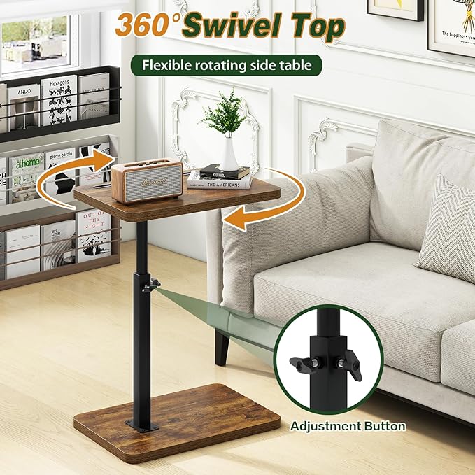 IBUYKE C Shaped Side Table, 360° Swivel Height Adjustable End Table - Image 3