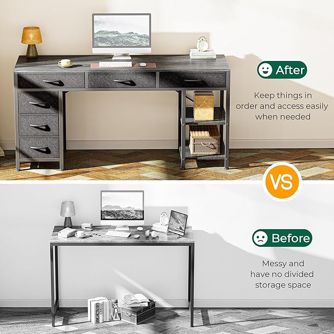 Huuger Computer Desk with 6 Drawers, 47 Inch Office Desk with Shelves, - Image 5