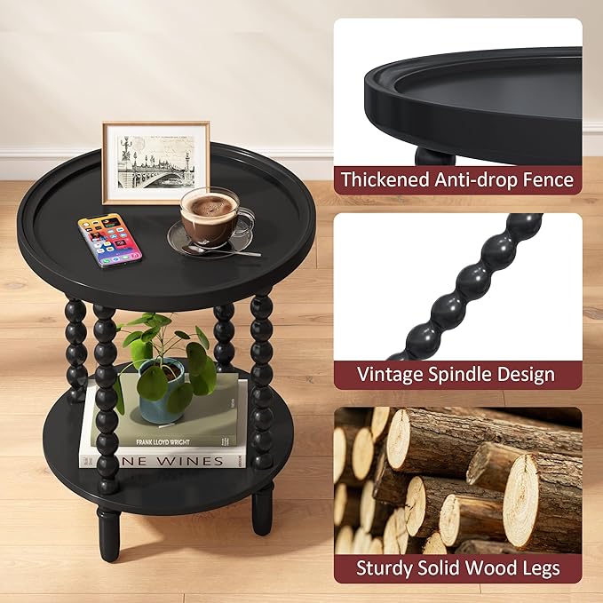 Gadroad Round End Table with Storage Shelf, 2 Tier Couch Side Table, Wood - Image 4