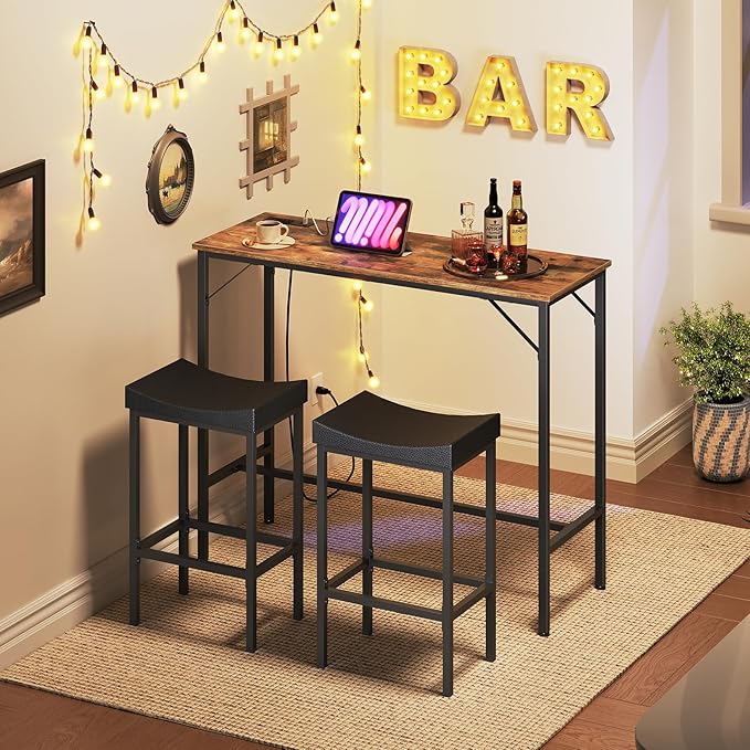 HOOBRO 3-Piece Bar Table and Chairs Set, 39.4" Pub Table, High Top Bar Table - Image 2