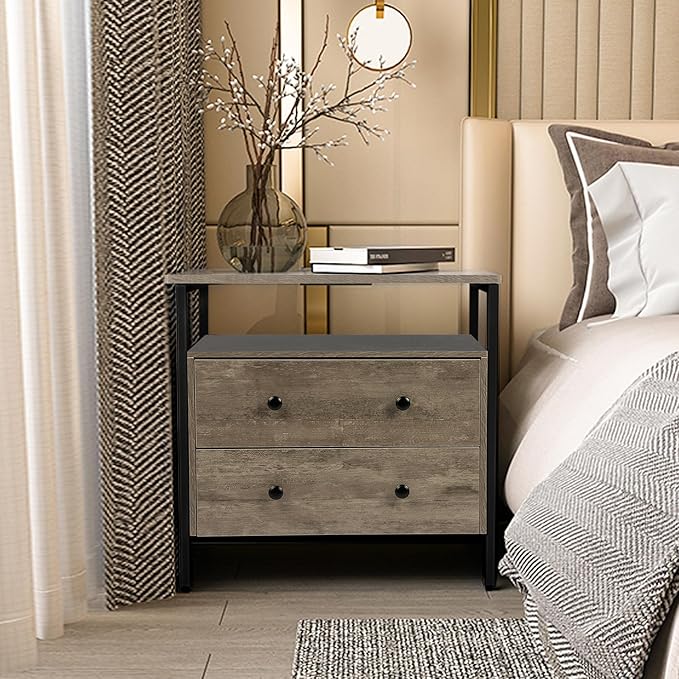 27 inch Wide Nightstand with Charging Station, Bedside Table with Open Shelf - Image 2
