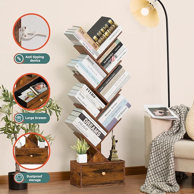 8 Tier Tree Bookshelf with Drawer, Free Standing Wood Bookcase - Image 9