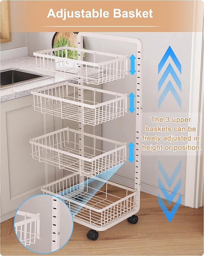 UMDONX 4-Tier Kitchen Storage Cart Metal Snack Cart Adjustable Fruit Basket on - Image 3